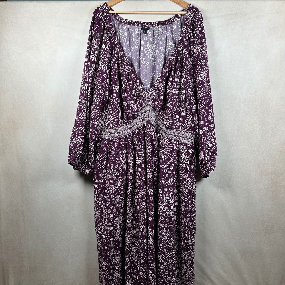 Torrid 4 4X Purple Mandala Floral Maxi Dress Lace Empire Waist Boho Long Sleeve